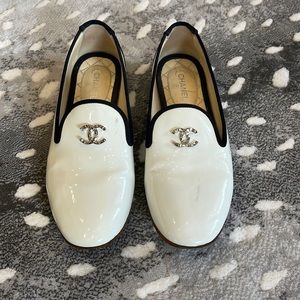 CHANEL white patent leather loafers